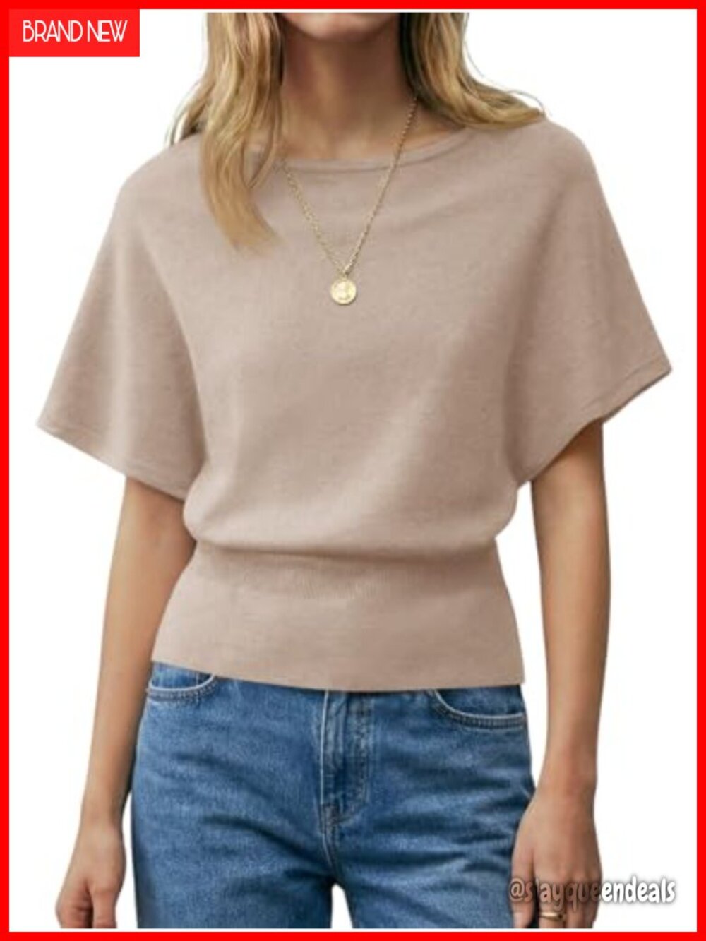Womens Boat Neck Batwing Dolman Short Sleeve Ribbed Knit Cinched Waist Sweater